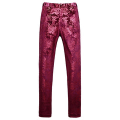 Mens Slim Fit Gold Printed Flat Front Pants Stylish Casual Floral Patten Trousers