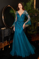 LaDivine CM327 Long Formal Dress in Peacock