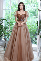 Short Sleeves Brown Tulle A-line Long Formal Dress