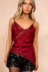 Bailey Wine Satin Lace Cami Top