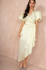 Drew Lemon Satin Wrap Midi Dress