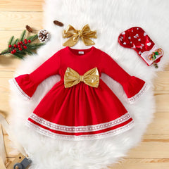 Red Christmas Dress for Baby Girls with Golden Bowknot and Headband
