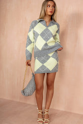 Kyra Grey and Yellow Knit Argyle Co Ord