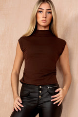 Francine Chocolate High Neck Ruched Top