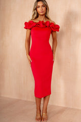 Ophelia Raspberry Ruffle Bardot Midi Dress