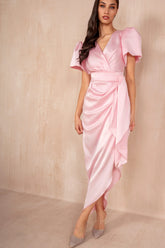 Drew Pink Satin Wrap Midi Dress