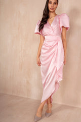Drew Pink Satin Wrap Midi Dress