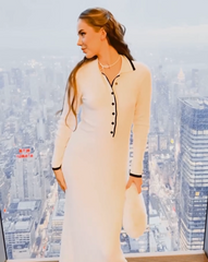 MEROKEETY Long Sleeve Button V Neck Ribbed Knit Maxi Dress