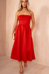 Danni Red Bandeau Pleated Midi Dress
