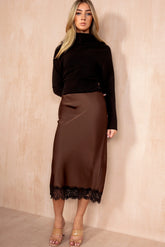 Catherine Chocolate Satin Lace Midi Skirt