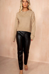 Myra Camel Knit Pearl Embellished Jumper