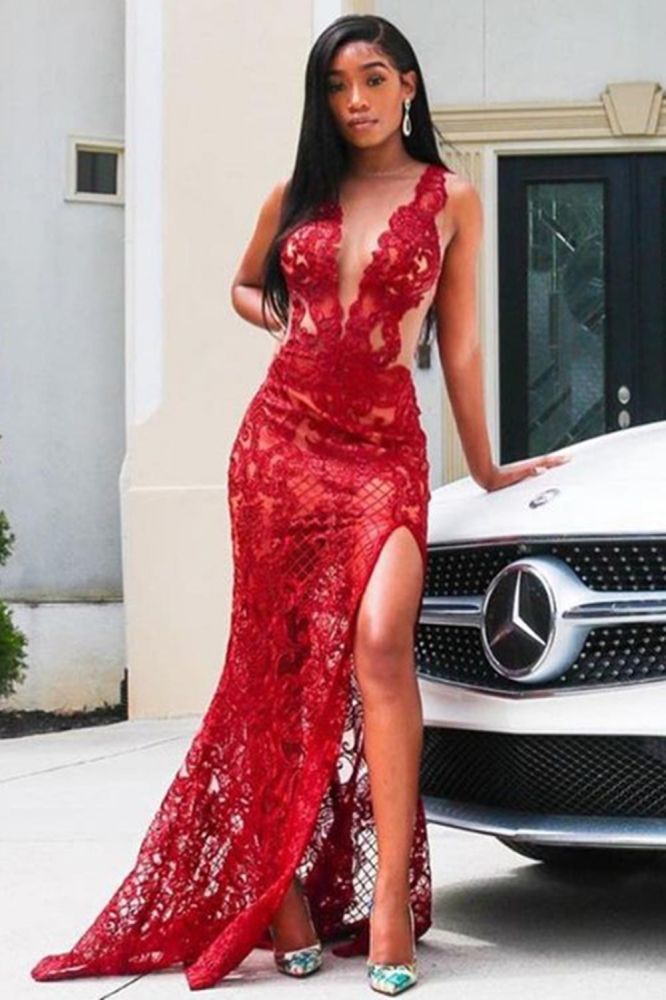 Deep V-Neck Red Prom Party GownsFloral Lace Appliques Split Front Party Dress-Ballbella