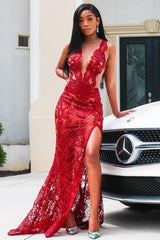 Deep V-Neck Red Prom Party GownsFloral Lace Appliques Split Front Party Dress-Ballbella