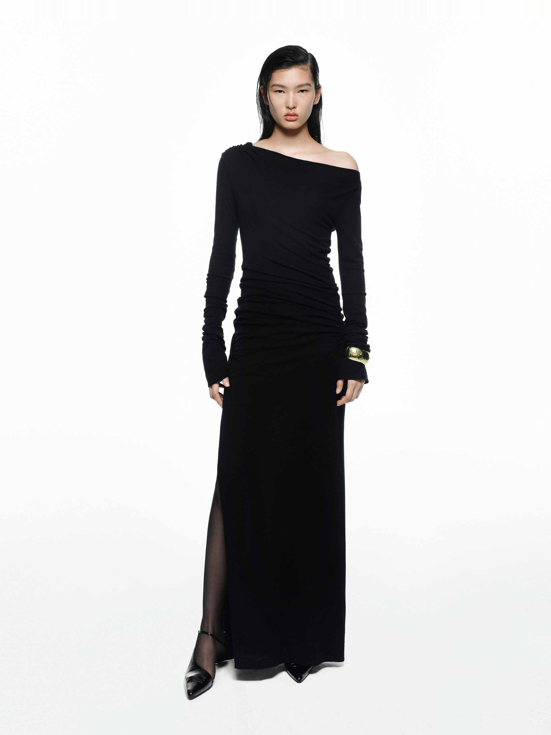 MO&Co. Noir Women's Slit 100% Merino Wool Long Sleeves Black Maxi Dress