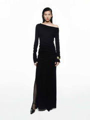MO&Co. Noir Women's Slit 100% Merino Wool Long Sleeves Black Maxi Dress