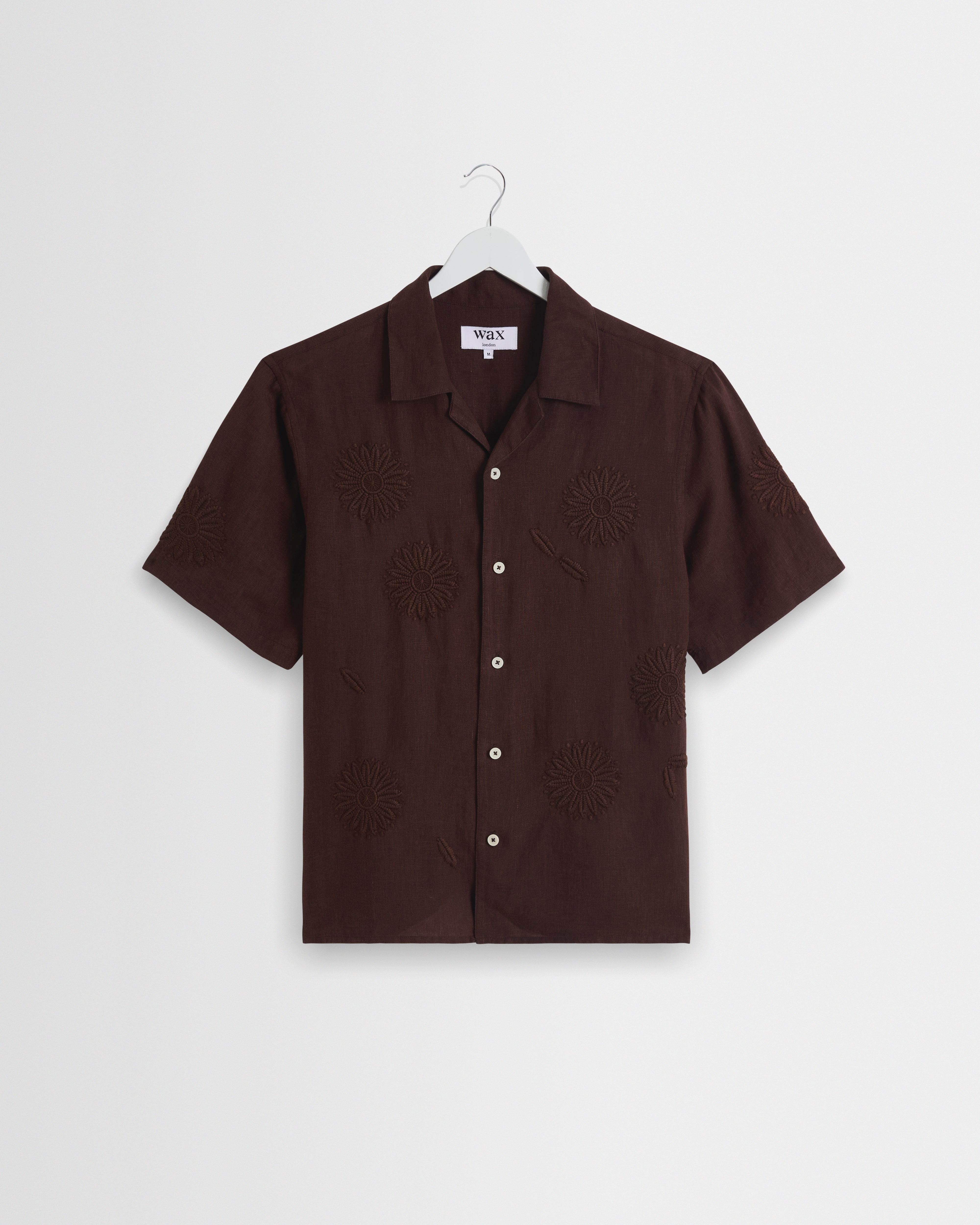 wax london men's Didcot - Brown Flower Embroidered Short-Sleeve Shirt