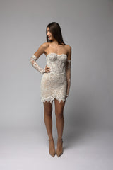 Strapless floral lace bridal mini wedding dress with corset bodice and sequins