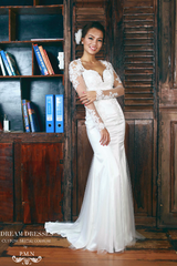 Sheer Long Sleeve Satin Wedding Dress (#PB095) - Dream Dresses by P.M.N
- 1