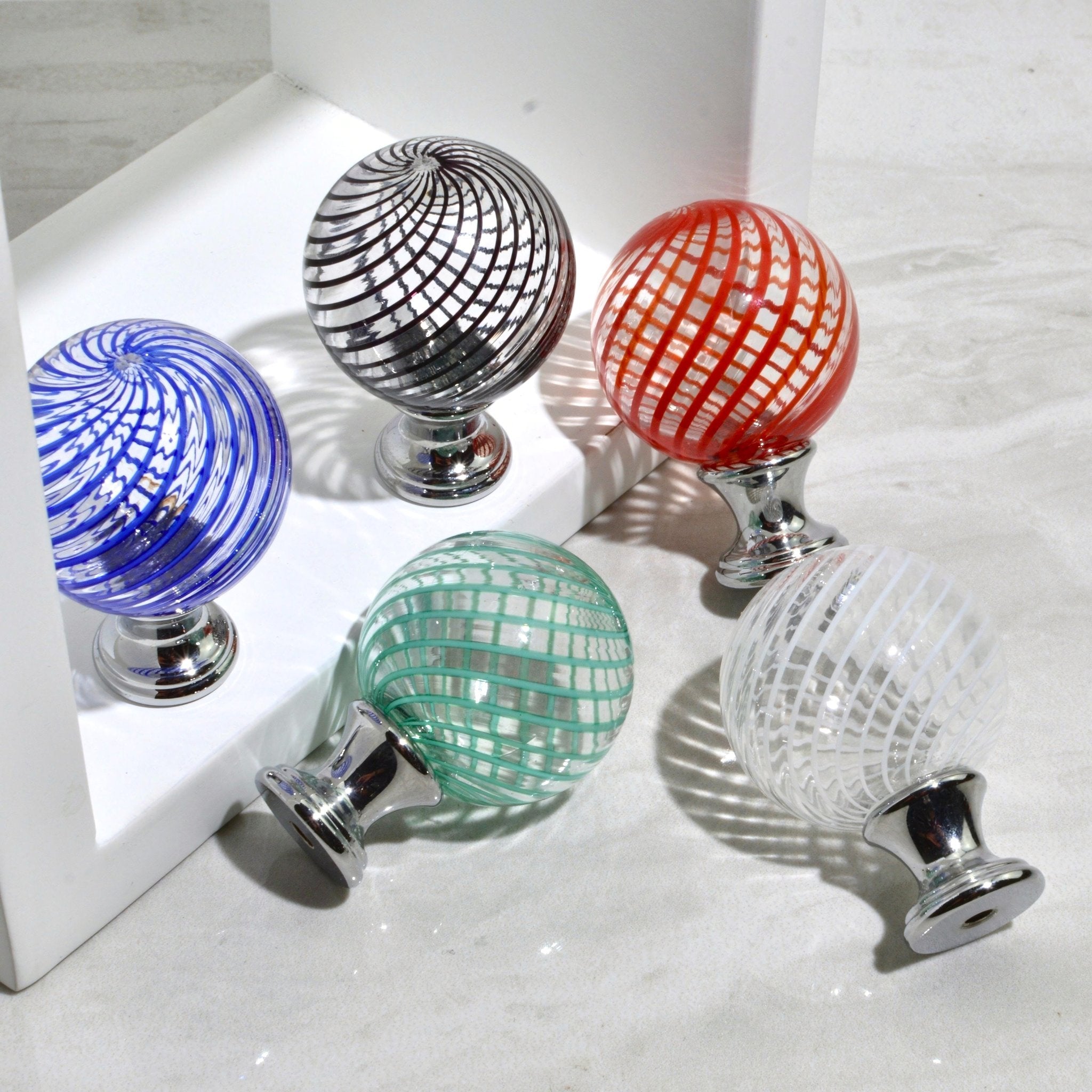 Colorful Murano Glass Filigrana cabinet and drawer knob pull by My Italian Decor, handcrafted Italian glass home decor accessory.
