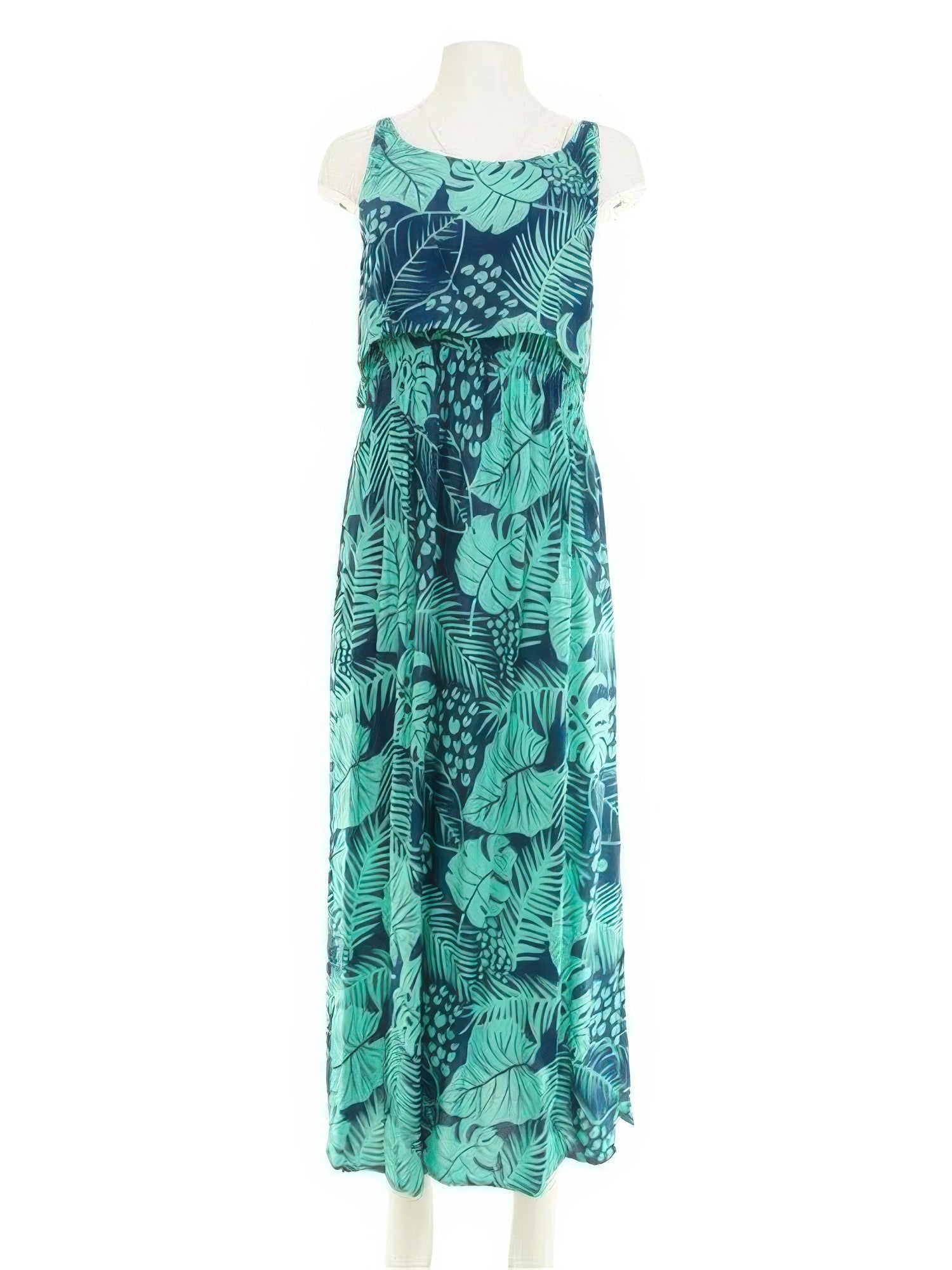 Napua Collection Honolulu - Monstera Palm Green Rayon Batik Ruffle MAXI Dress