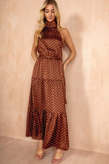 Zaynab Brown Polka Dot Halterneck Tiered Maxi Dress