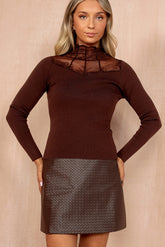 Rose Chocolate Knit Lace High Neck Top