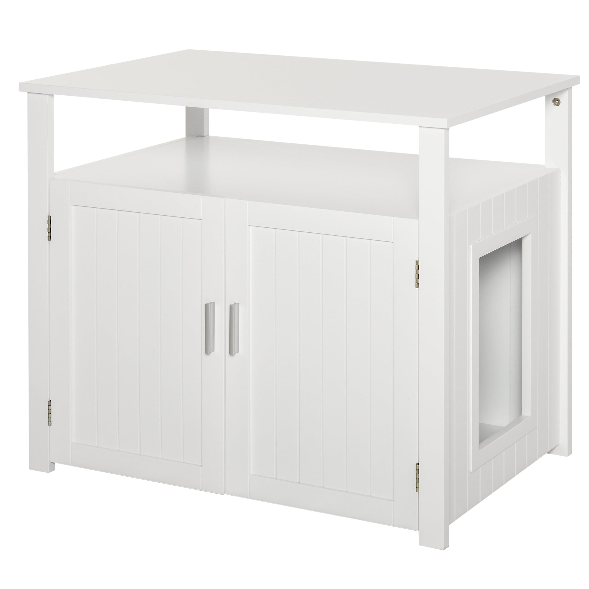 Wooden Cat Litter Box Enclosure Furniture with Adjustable Interior Wall & Large Tabletop for Nightstand White
