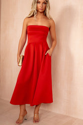Danni Red Bandeau Pleated Midi Dress