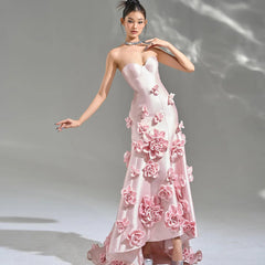 Elegant Pink 3D Flowers Strapless Evening Dress SF025