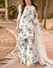 All-Over Print Embroidered EID Lawn Dress with Emb. Chiffon Dupatta