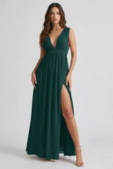 Front view of emerald green Heaven V-neck bridesmaid dress with flowy silhouette