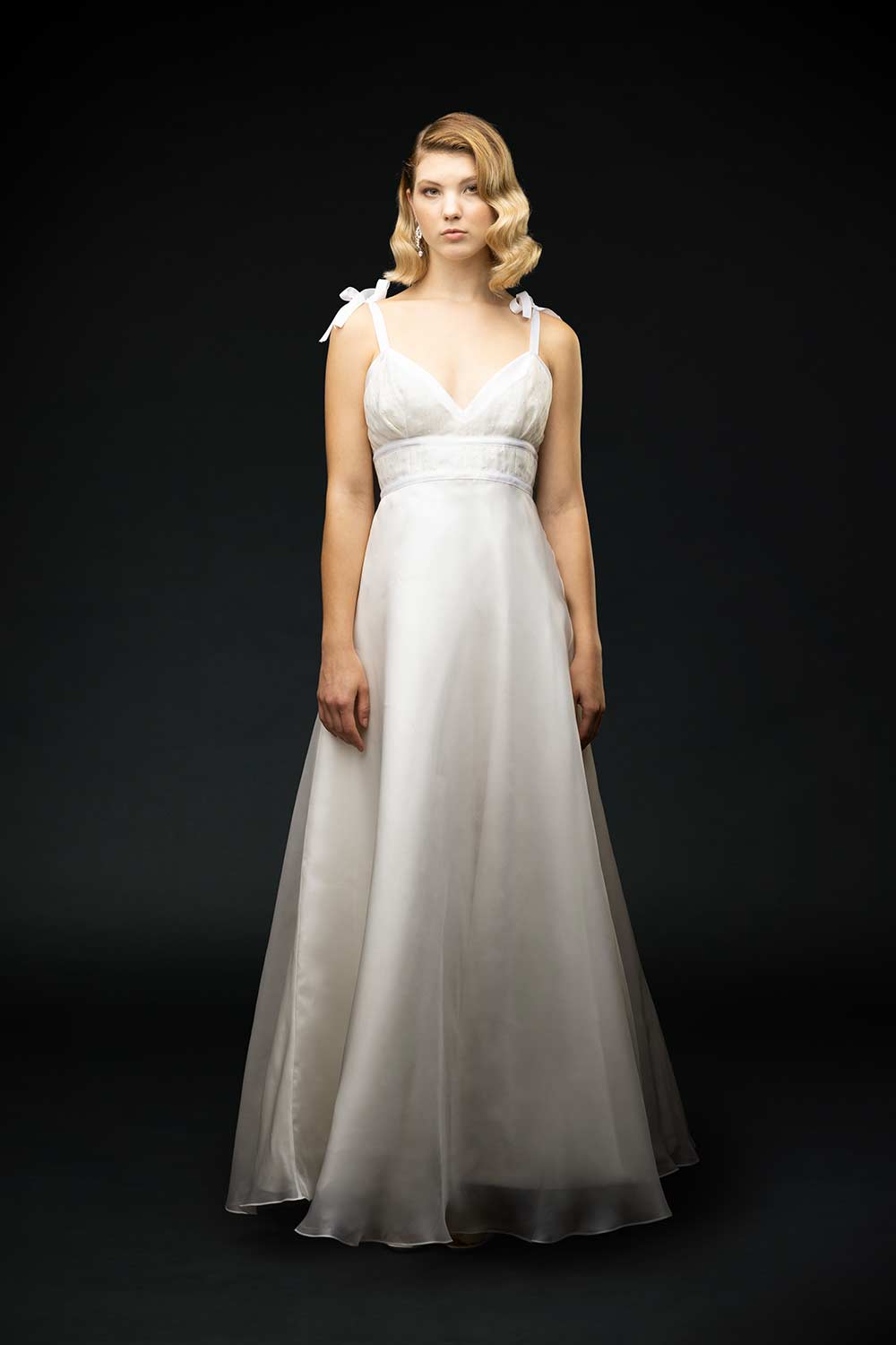 Double layer jacquard Swiss dot organza bodice with ribbon straps, double layer silk organza skirt wedding dress front view