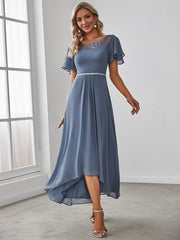 Women's Casual Boat Neck A-Line Midi Dress with Asymmetrical Hems #color_Dusty Blue