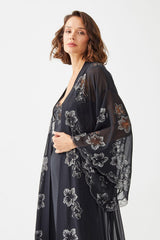 Eshita Long Silk Chiffon Emboridered with Lace Kimono Set -Black - Bocan