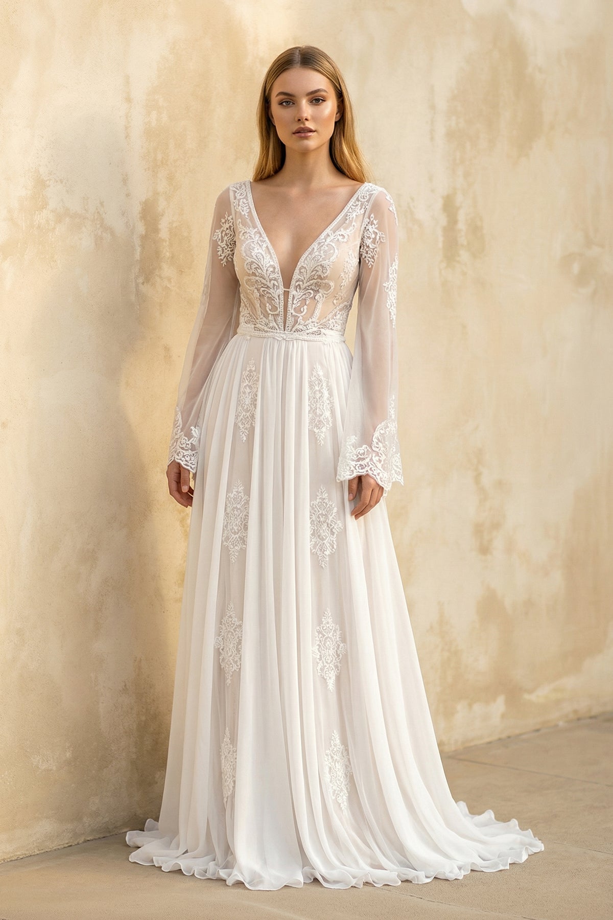A-Line Boho Lace Wedding Dress with Sleeves Plunging Neckline Sweep Train – Wedding Dresses by Kissprom | Available at KissProm