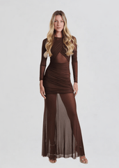 Eva Mesh Maxi Dress in Brown - Ché by Chelsey
