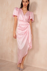 Drew Pink Satin Wrap Midi Dress