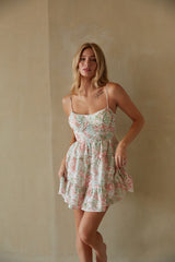 green and peach mulitcolor floral mini dress - bustier style spaghetti strap mini dress - tie back summer dress
