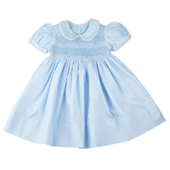 Girls Blue Smocked Yoke Dress with Lace Trim
