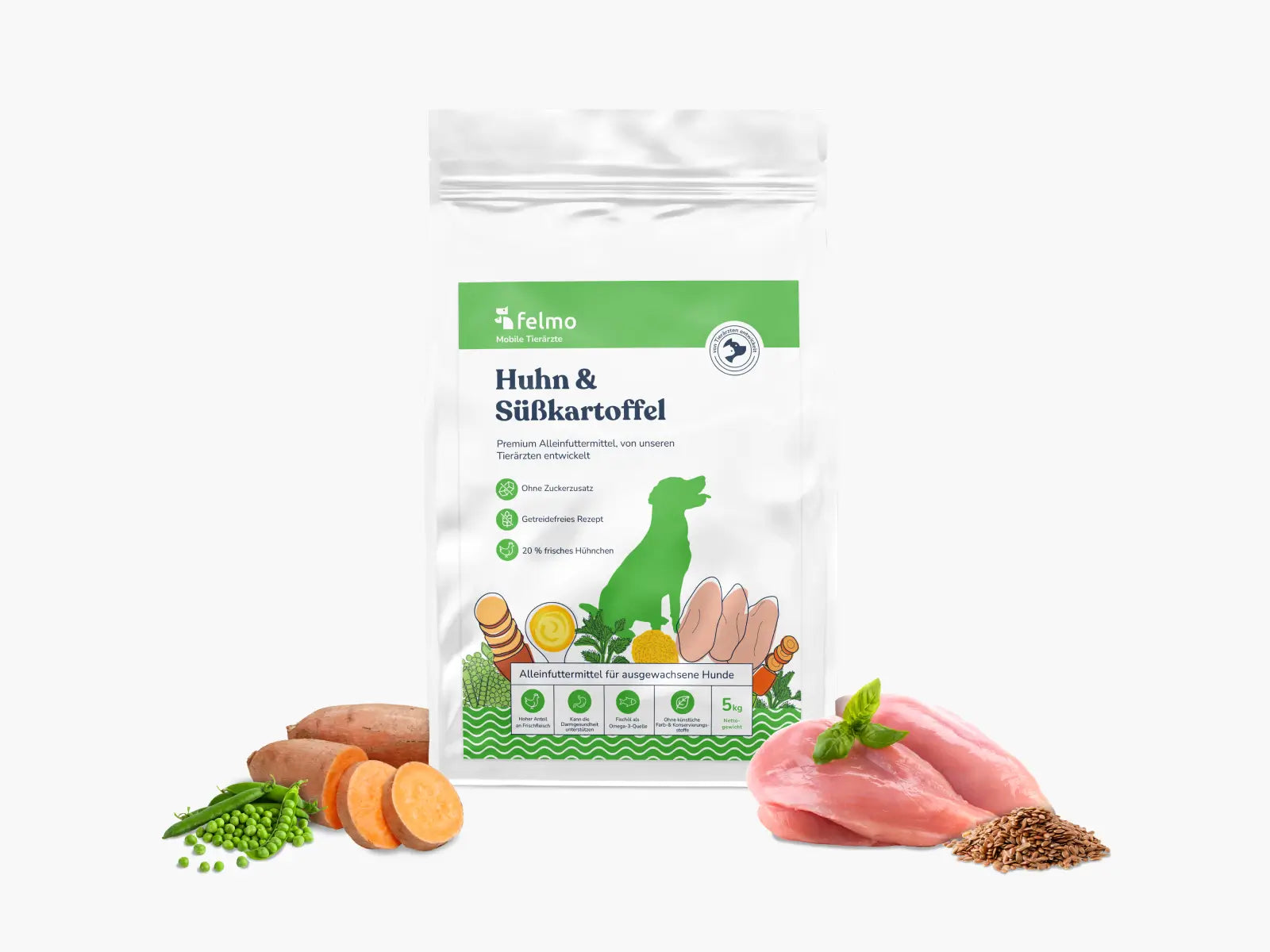 felmo Trockenfutter mit Huhn 5kg, Vorderansicht der Verpackung