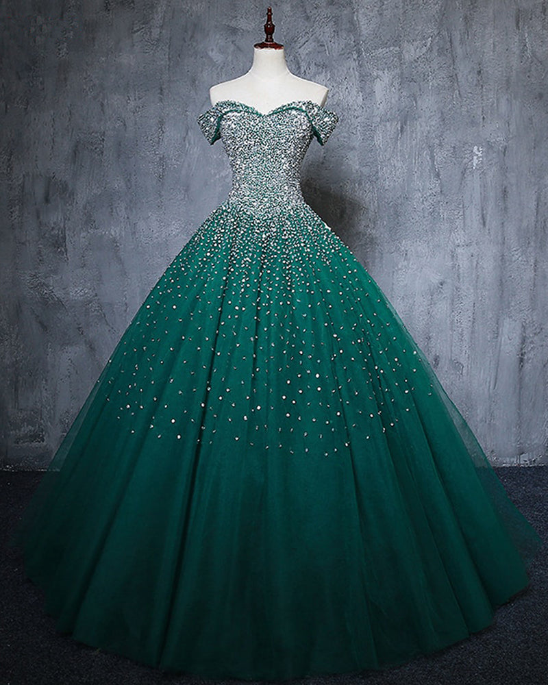 Sparkly Puffy Off the Shoulder Crystal Dark green Quinceanera DressesBall Gown Prom Dress Ball Gown PL6211