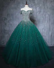 Sparkly Puffy Off the Shoulder Crystal Dark green Quinceanera DressesBall Gown Prom Dress Ball Gown PL6211