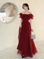 Dark Red Long Formal Gown, Off Shoulder Dark Red Prom Dress Y1653
