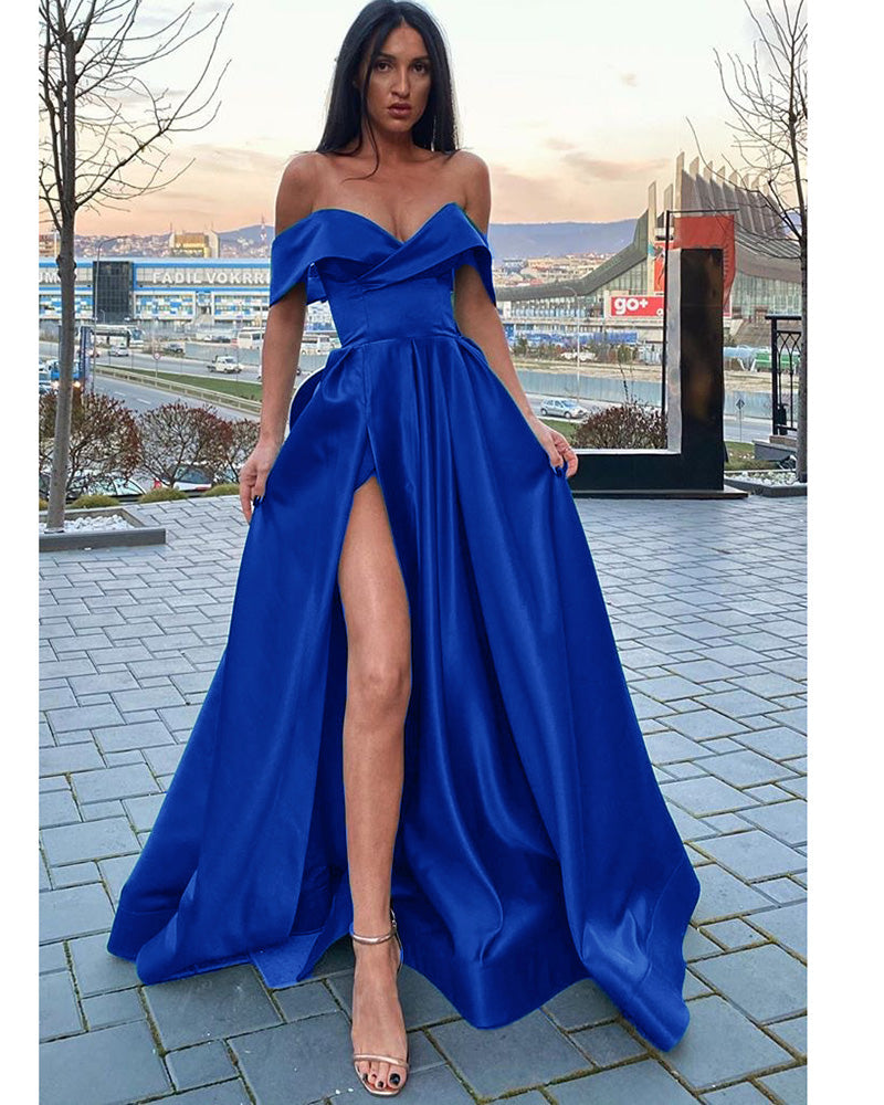 Elegant A Line Satin Off the Shoulder Royal Blue Long Women Formal Prom Dresses Party Gown with Slit PL10128