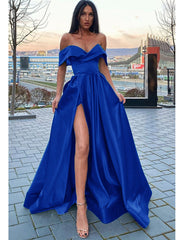 Elegant A Line Satin Off the Shoulder Royal Blue Long Women Formal Prom Dresses Party Gown with Slit PL10128