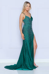 Fitted V-Neck Rhinestone Gown by Poly USA 9144