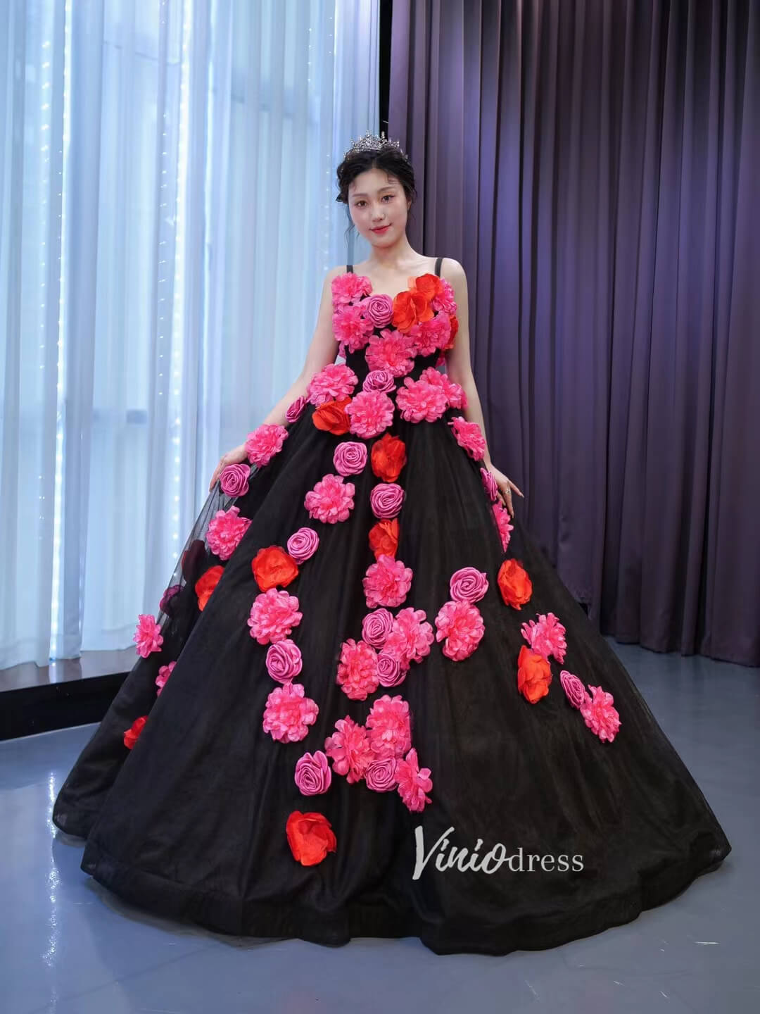 Flower Blooming Ball Gown Vintage Black Sweet 15 Dress Quince Dress 67505-Quinceanera Dresses 2025 -Viniodress-Black-Custom Size-