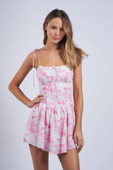 Pink and white floral mini dress with tie straps - Dolly Dress by Boho Pink