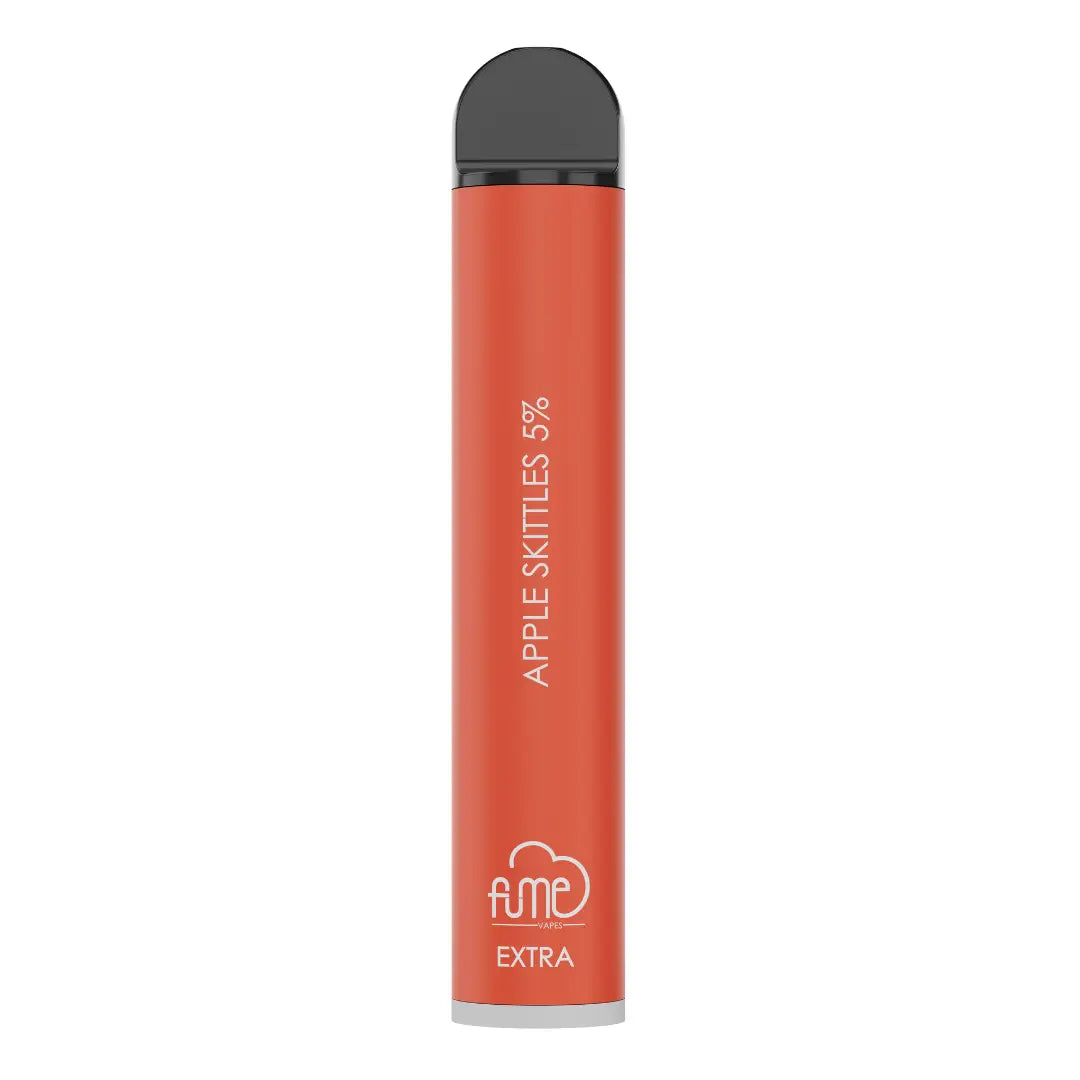 A sleek matte red fume extra disposable vape pen with black cap apple skittles 5 percent flavor 1500 puffs