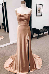 Champagne Cowl Neck Mermiad Satin Lace-Up Back Slit Long Prom Dress